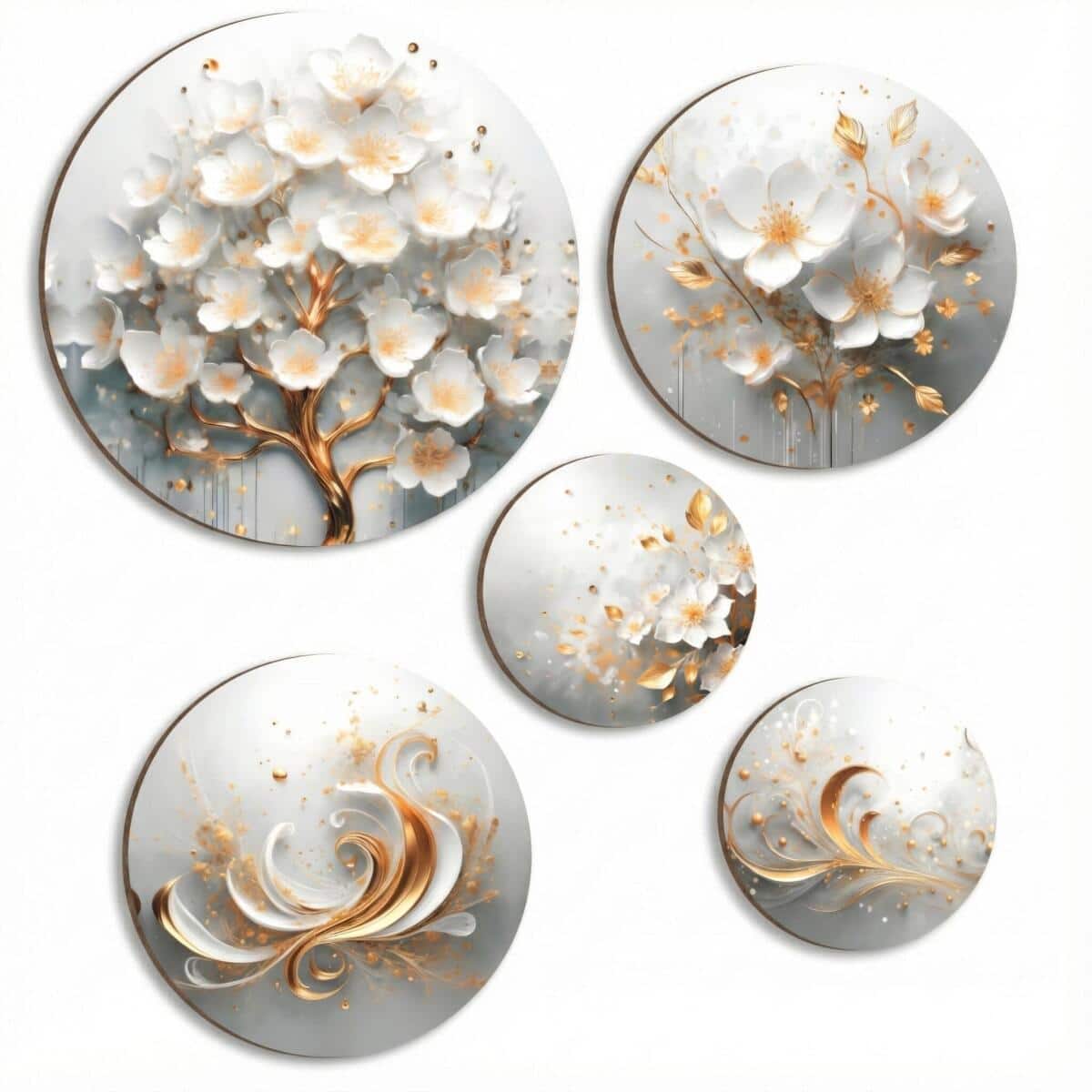 Obrazy Koła – Nowoczesny Zestaw Okrągłych Obrazów | Białe Kwiaty, Złote Akcenty 68235 - zdjęcie 1