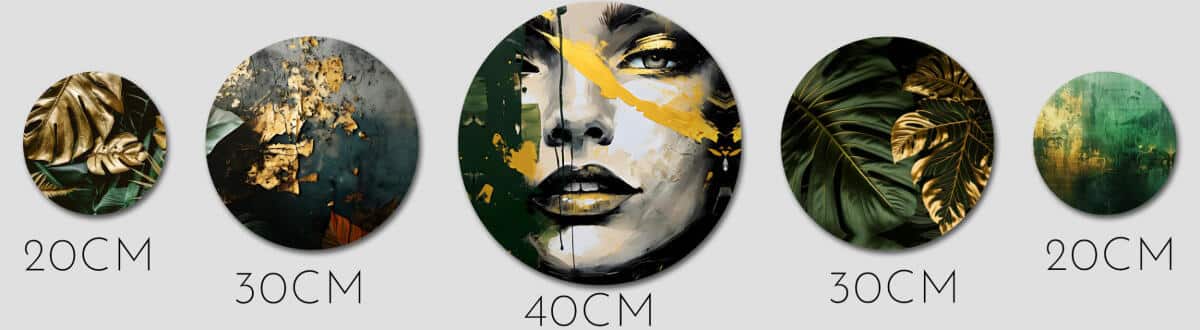 Ekskluzywne Obrazy Koła – Tropikalne Złote Liście i Abstrakcyjna Twarz | Zieleń i Złoto w stylu Glamour 68230 - zdjęcie 2