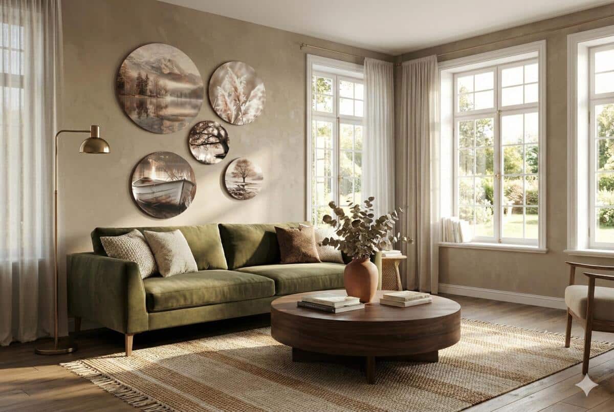 Okrągłe Obrazy do salonu, sypialni- Beżowe Pejzaże Boho 68226 - zdjęcie 7