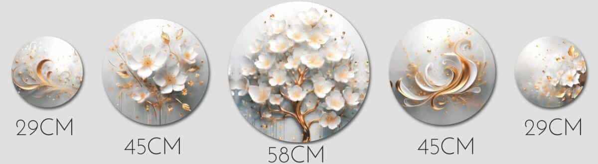 Obrazy Koła – Nowoczesny Zestaw Okrągłych Obrazów | Białe Kwiaty, Złote Akcenty 68235 - zdjęcie 3