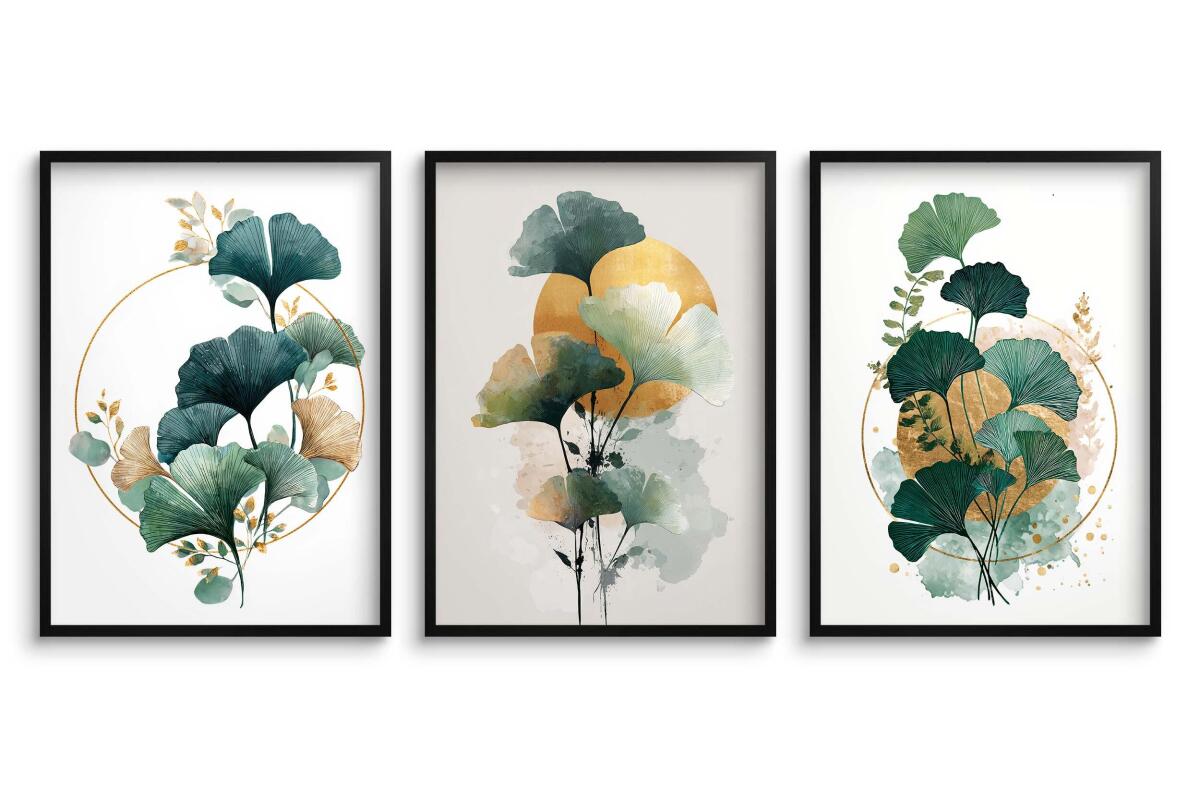 Plakaty z Liśćmi Miłorzębu- Złote Akcenty i Akwarela | Elegancki Tryptyk roślinny 82339 - zdjęcie 7