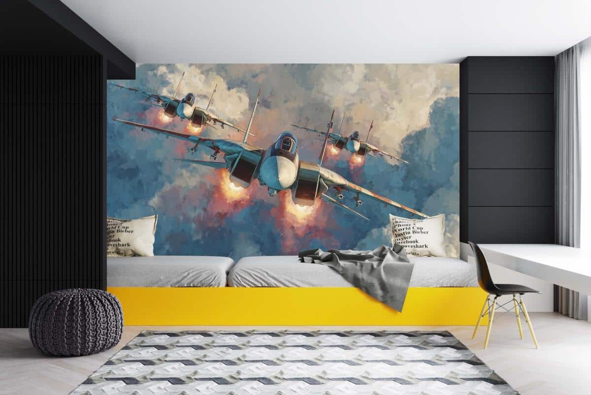 Akwarelowa fototapeta dla chłopca- Samoloty Odrzutowe, Myśliwce | Młodzieżowa Tapeta 3D 64246 - zdjęcie 2