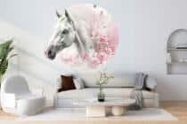 Okrągła Fototapeta 3D- Koń w różowych kwiatach | Tapeta w kształcie koła 82341 - miniaturka 3