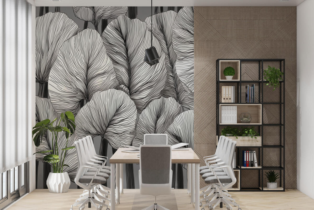 Elegancka fototapeta do biura – Czarno-białe liście | Nowoczesna dekoracja do recepcji i gabinetu 64250 - zdjęcie 2