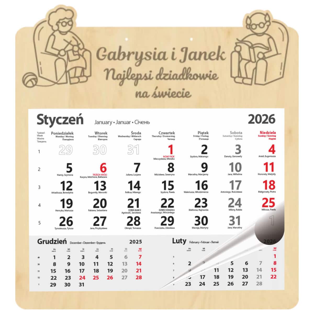 Personalizowany, grawerowany kalendarz dla babci z imionami dziadków - prezent na Dzień Babci, urodziny, święta 81024