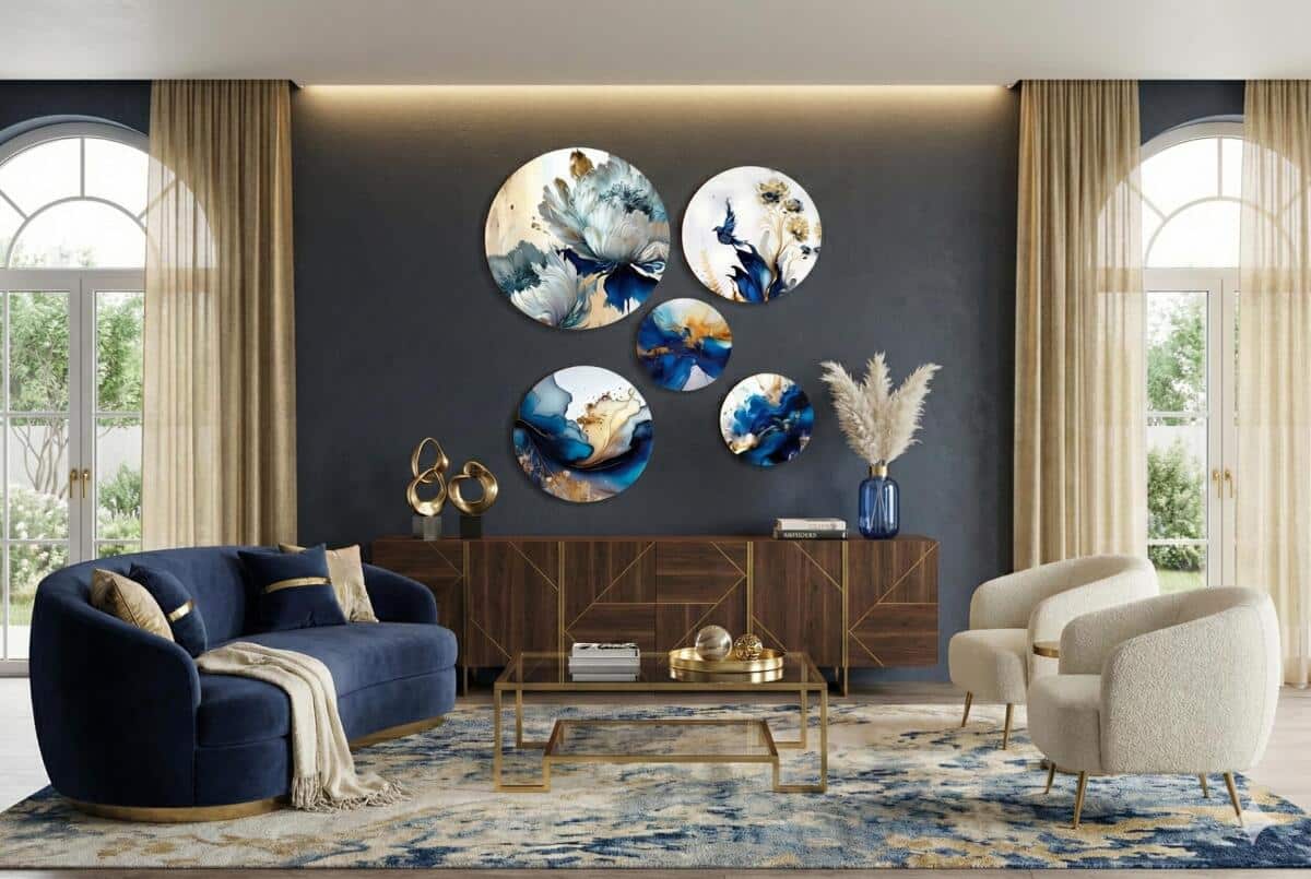 Eleganckie Okrągłe Obrazy– Niebiesko-Złota Abstrakcja i Kwiaty 3D 68231 - zdjęcie 7