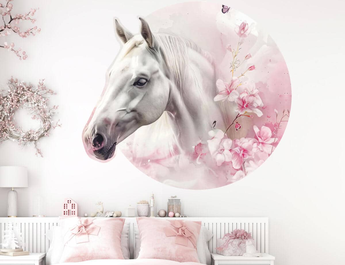 Okrągła Fototapeta 3D- Koń w różowych kwiatach | Tapeta w kształcie koła 82341 - zdjęcie 1