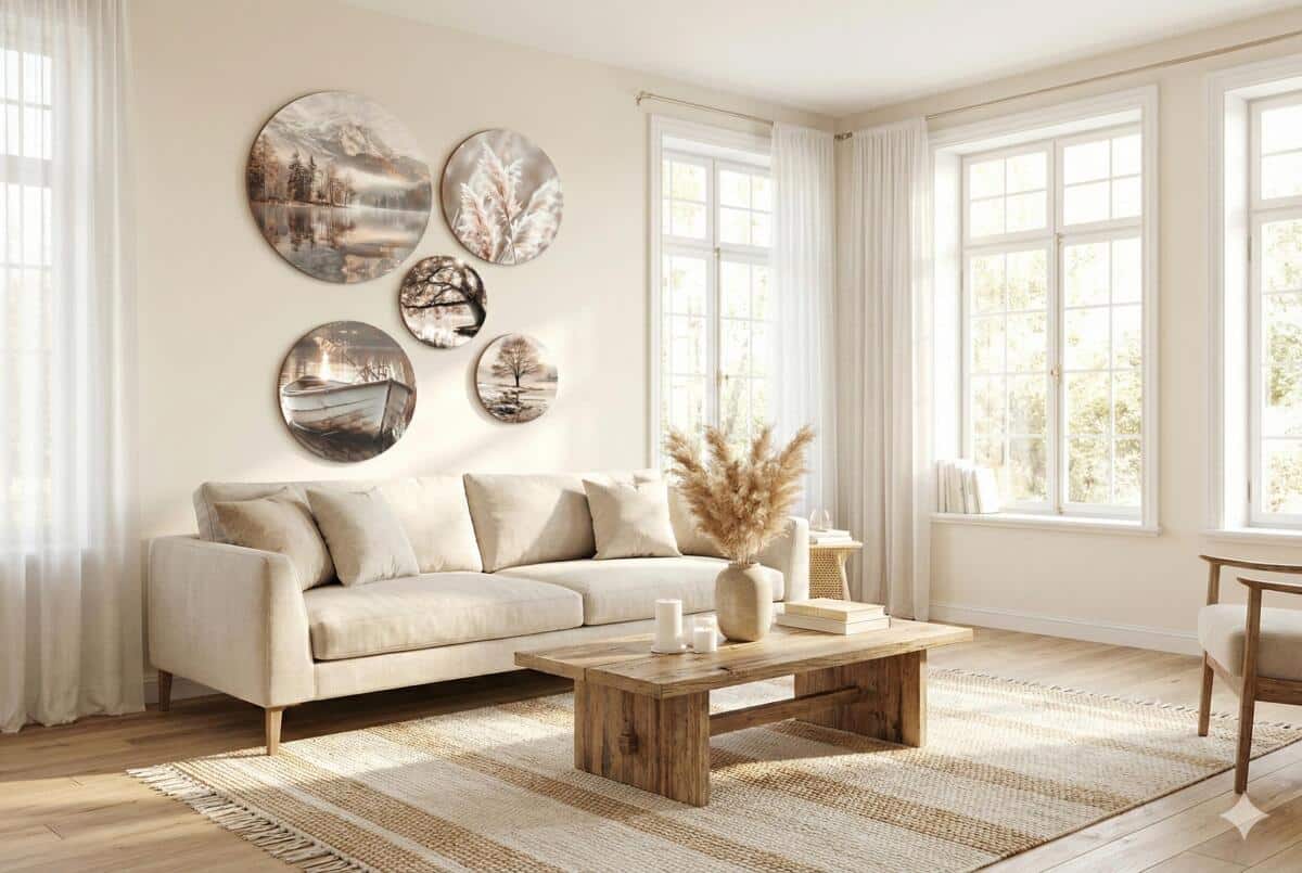 Okrągłe Obrazy do salonu, sypialni- Beżowe Pejzaże Boho 68226 - zdjęcie 5