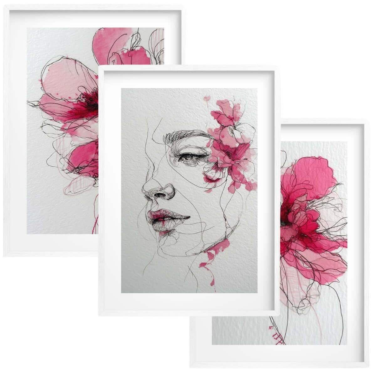 Artystyczne Plakaty- Kobieca Twarz wśród różowych kwiatów | Line Art i Akwarela 82340 - zdjęcie 1