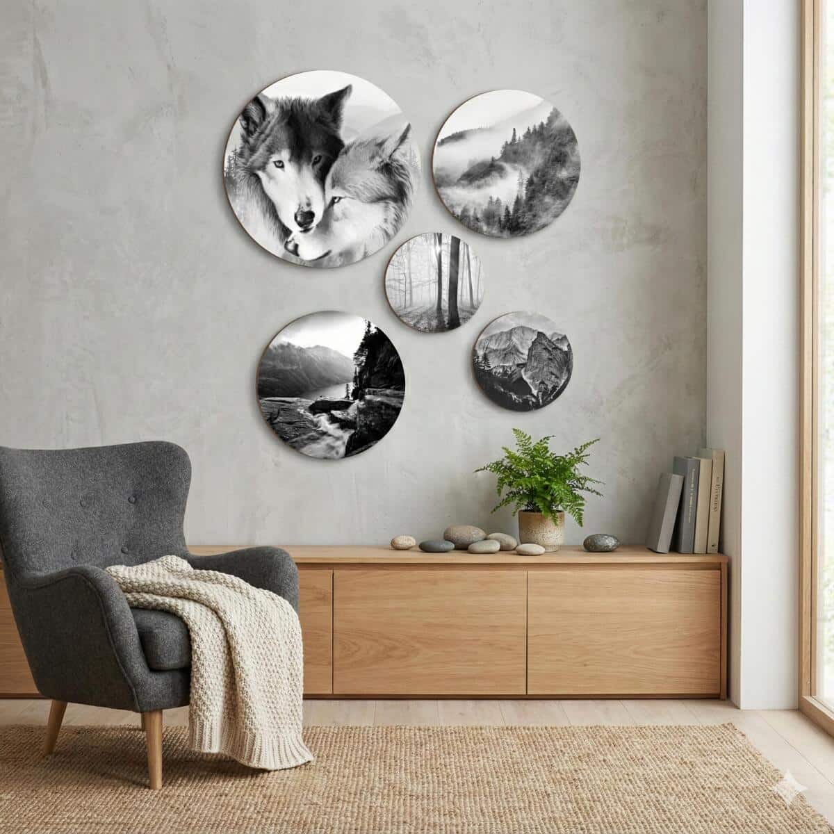 Nowoczesne Obrazy Koła – Wilki, Góry i Las we Mgle | Czarno-Biała Dekoracja w Stylu Skandynawskim 68228 - zdjęcie 4