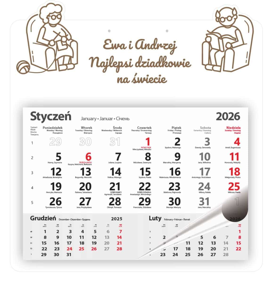 Personalizowany, grawerowany kalendarz na dzień babci i dziadka - dziadkowie w fotelach 81004