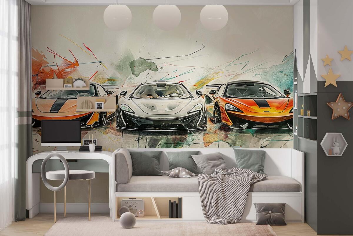 Kolorowa Fototapeta dla nastolatka- Sportowe Auta, Supercars w stylu watercolor, mural 64243 - zdjęcie 1