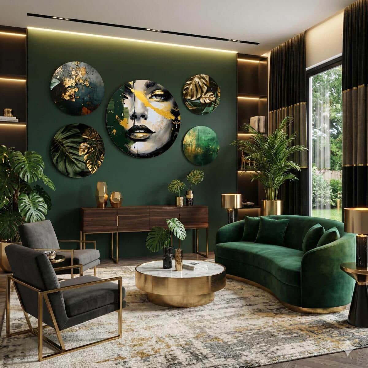 Ekskluzywne Obrazy Koła – Tropikalne Złote Liście i Abstrakcyjna Twarz | Zieleń i Złoto w stylu Glamour 68230 - zdjęcie 4