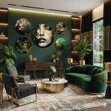 Ekskluzywne Obrazy Koła – Tropikalne Złote Liście i Abstrakcyjna Twarz | Zieleń i Złoto w stylu Glamour 68230 - miniaturka 4