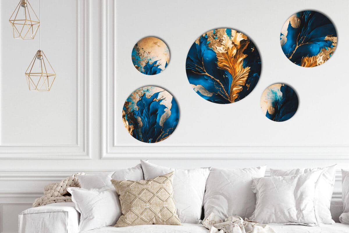 Nowoczesna dekoracja ścienna- Okrągłe obrazy | Elegancka Abstrakcja- Kobalt i złoto 68225 - zdjęcie 7
