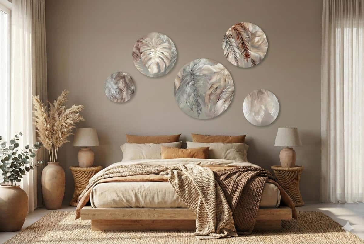 Obrazy Koła Boho z Liśćmi i Piórami | Okrągłe Obrazy Ścienne w Beżu 68240 - zdjęcie 3