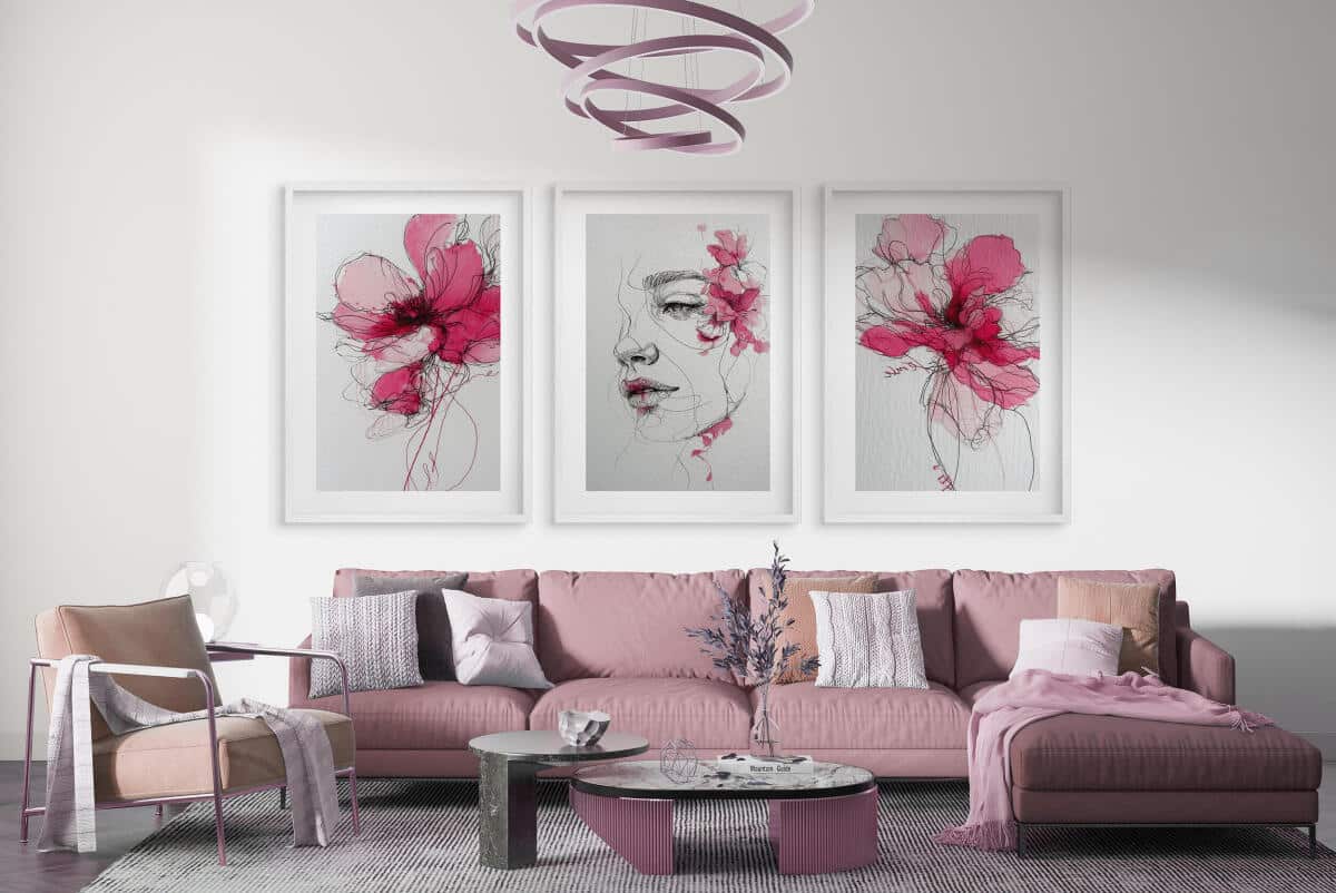 Artystyczne Plakaty- Kobieca Twarz wśród różowych kwiatów | Line Art i Akwarela 82340 - zdjęcie 7