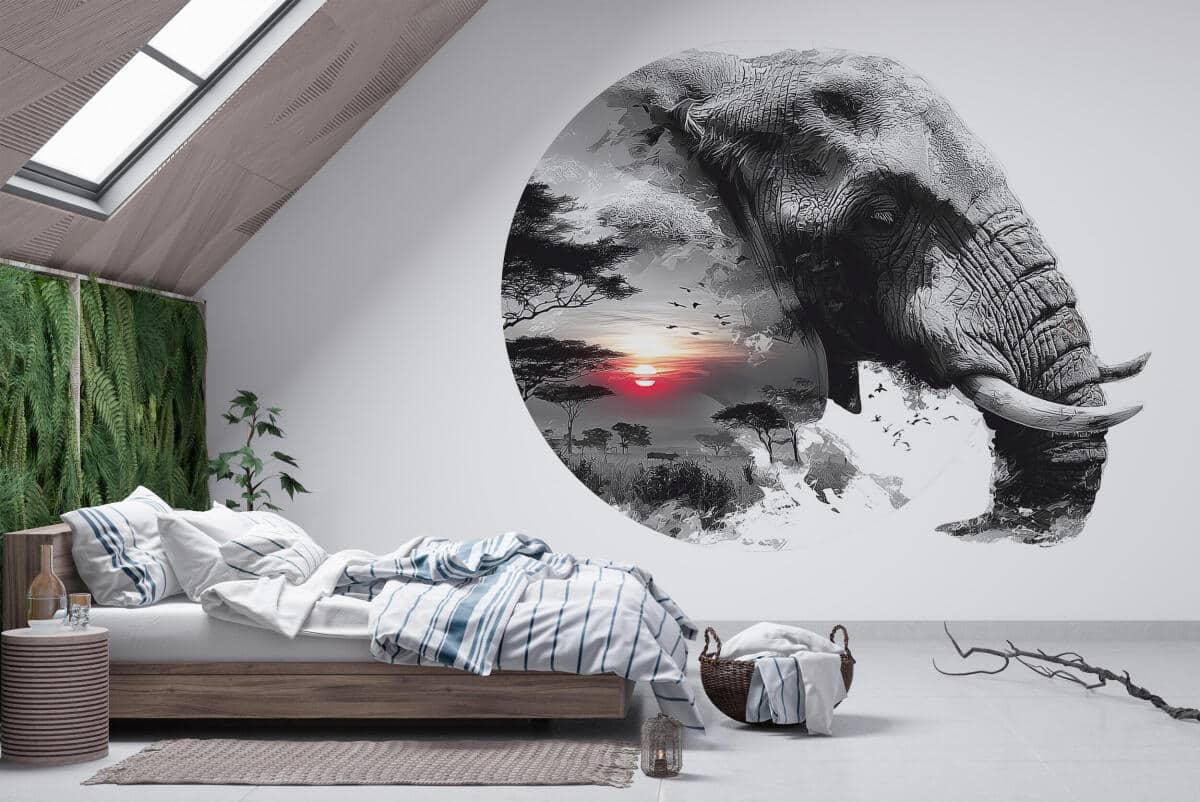 Okrągła Fototapeta 3D – Słoń na Sawannie | Krajobraz Afryki i Zachód Słońca 82344 - zdjęcie 1