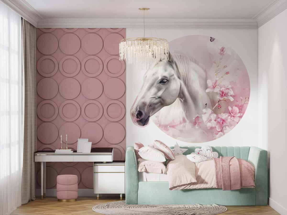 Okrągła Fototapeta 3D- Koń w różowych kwiatach | Tapeta w kształcie koła 82341 - zdjęcie 4
