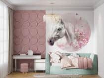 Okrągła Fototapeta 3D- Koń w różowych kwiatach | Tapeta w kształcie koła 82341 - miniaturka 4