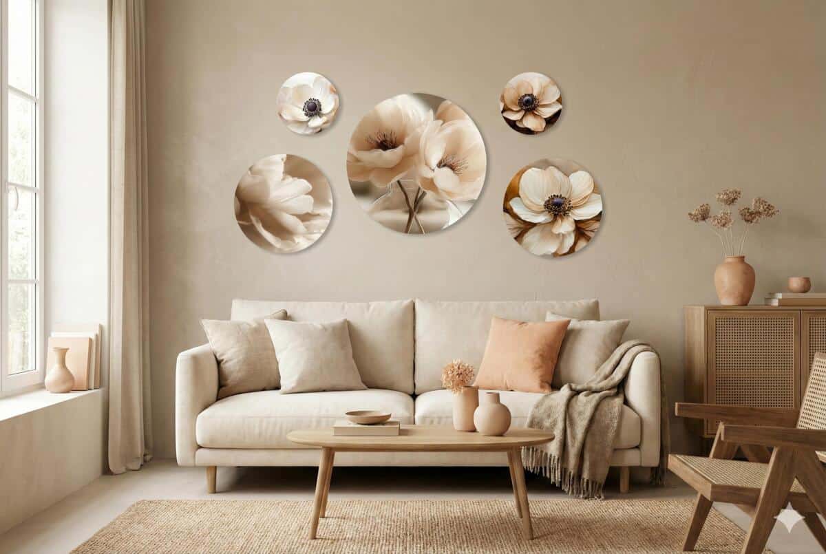 Nowoczesne Obrazy Koła- Kwiaty w Odcieniach Beżu | Dekoracje do wnętrz Soft Glamour 43125 - zdjęcie 4
