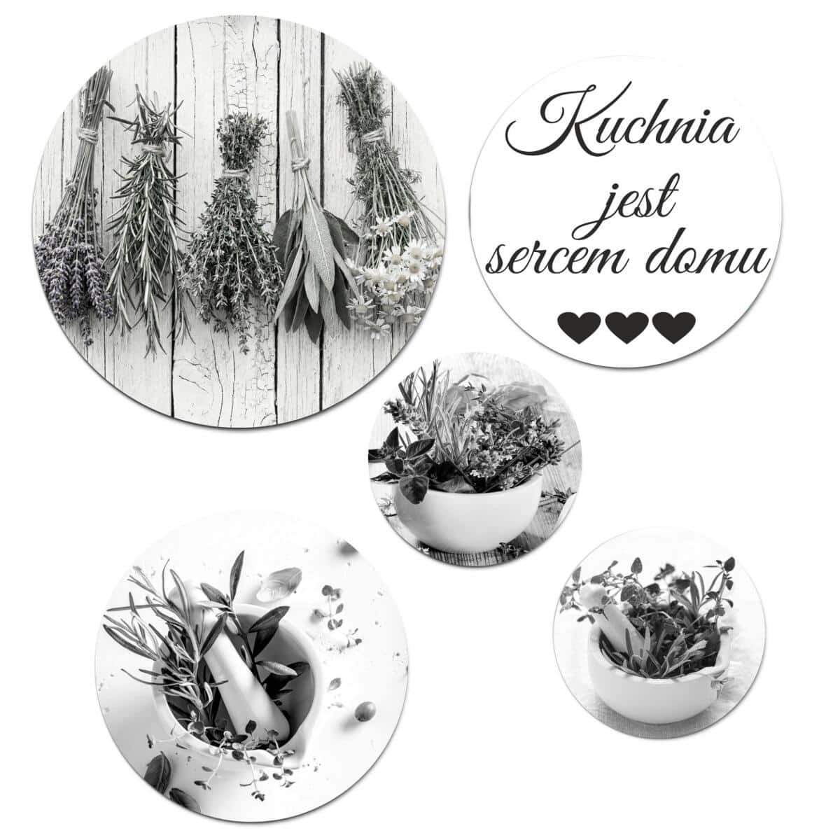 Zestaw Okrągłych Obrazów- Kuchnia jest sercem domu  | Czarno-białe Obrazy do Kuchni 43124