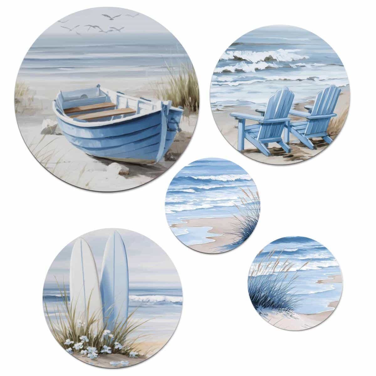 Zestaw Okrągłych Obrazów – Spokojna Plaża i Fale | Dekoracja ścienna w błękitach | Styl nadmorski 43123 - zdjęcie 1