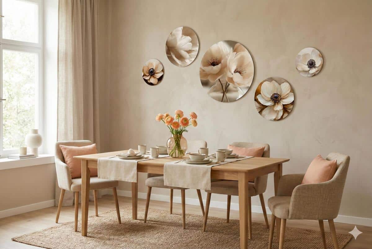 Nowoczesne Obrazy Koła- Kwiaty w Odcieniach Beżu | Dekoracje do wnętrz Soft Glamour 43125 - zdjęcie 3