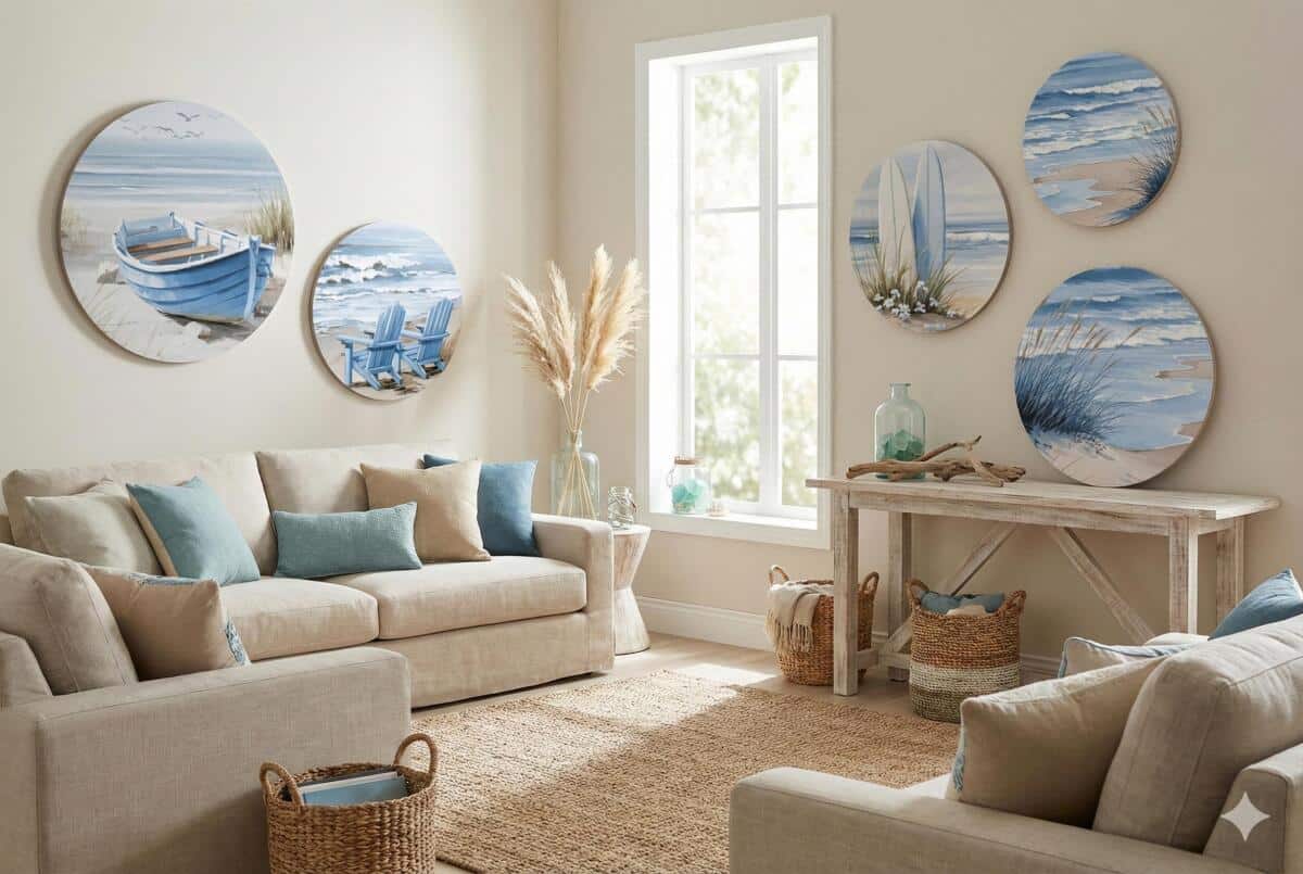 Zestaw Okrągłych Obrazów – Spokojna Plaża i Fale | Dekoracja ścienna w błękitach | Styl nadmorski 43123 - zdjęcie 4