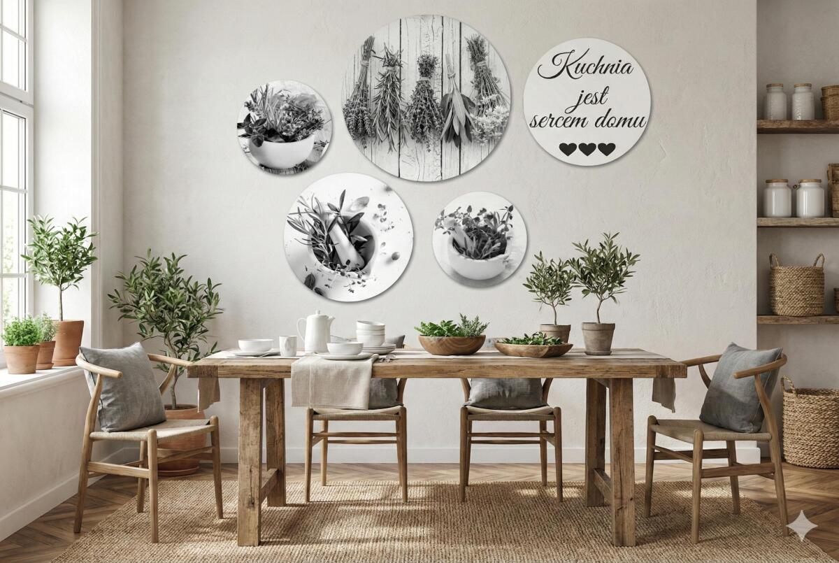 Zestaw Okrągłych Obrazów- Kuchnia jest sercem domu  | Czarno-białe Obrazy do Kuchni 43124 - zdjęcie 4