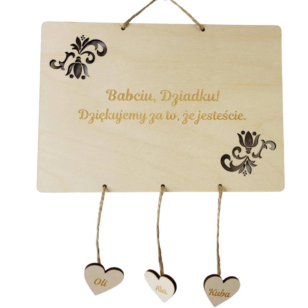 Drewniana tabliczka dla dziadków z serduszkami i imionami wnuków 26003