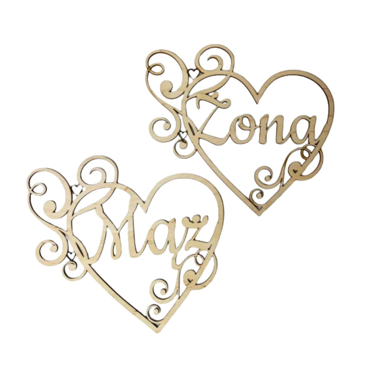 Drewniane serca na wesele, ślub, rocznicę ślubu, dekoracja ślubna - Mąż, Żona 26019