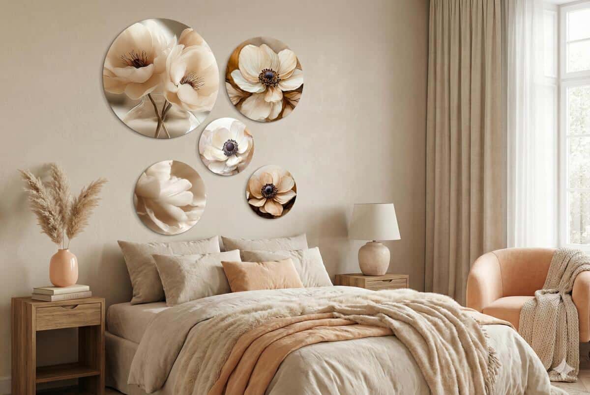 Nowoczesne Obrazy Koła- Kwiaty w Odcieniach Beżu | Dekoracje do wnętrz Soft Glamour 43125 - zdjęcie 5