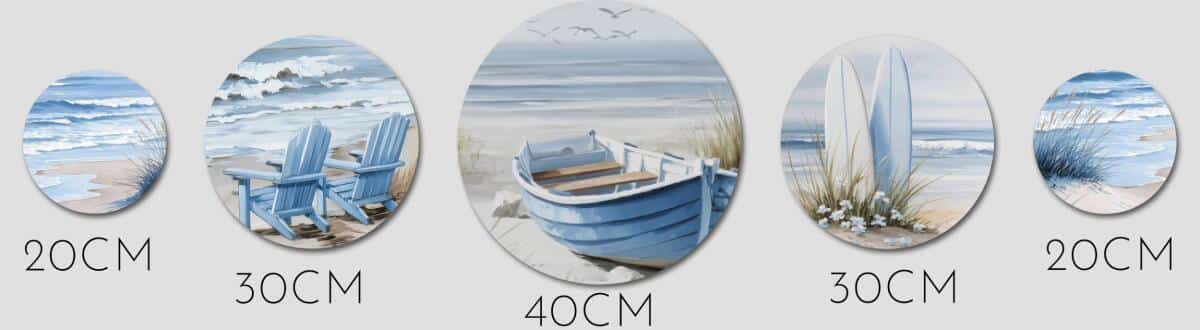 Zestaw Okrągłych Obrazów – Spokojna Plaża i Fale | Dekoracja ścienna w błękitach | Styl nadmorski 43123 - zdjęcie 2