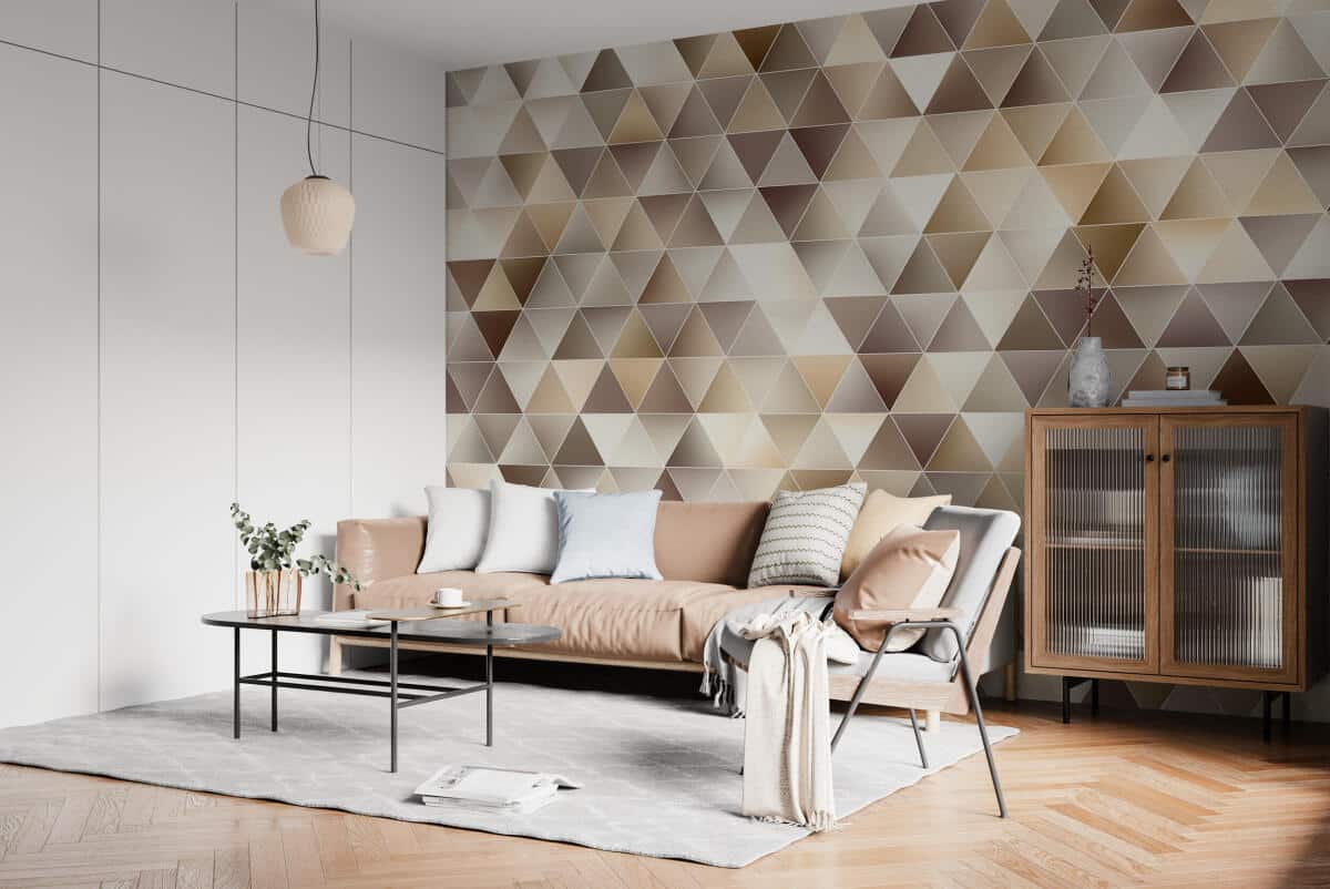 Nowoczesna Fototapeta 3D Trójkąty | Tapeta do salonu w odcieniach beżu, brązu, złota 94250 - zdjęcie 4