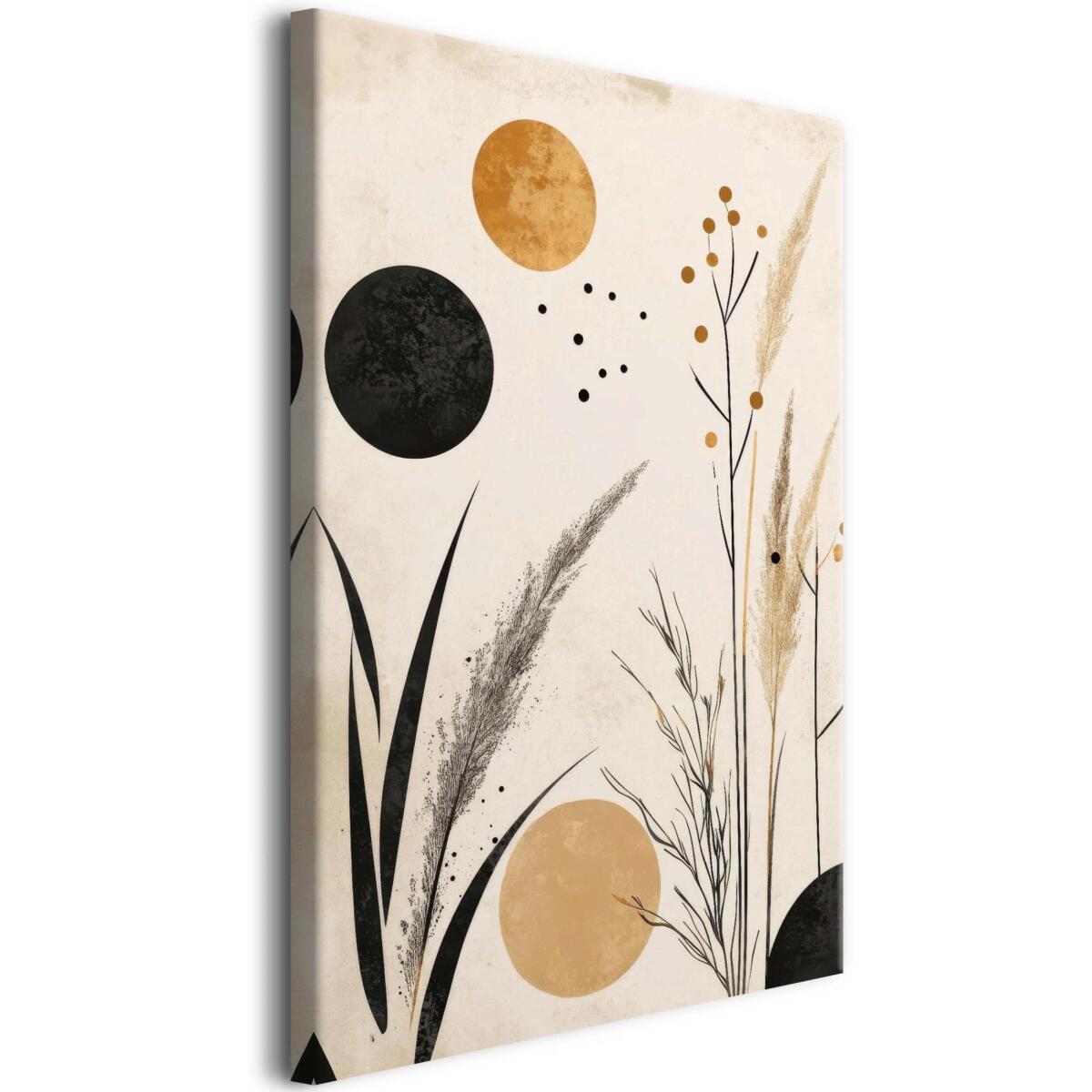 Nowoczesna grafika na płótnie- minimalistyczna kompozycja z trawami i kołami | Beżowo- złoty obraz w stylu eco 68204