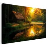 Rustykalny obraz na płótnie- Leśny krajobraz, Zachód Słońca nad jeziorem | Dekoracja ścienna z leśną chatką 68174 - miniaturka 1