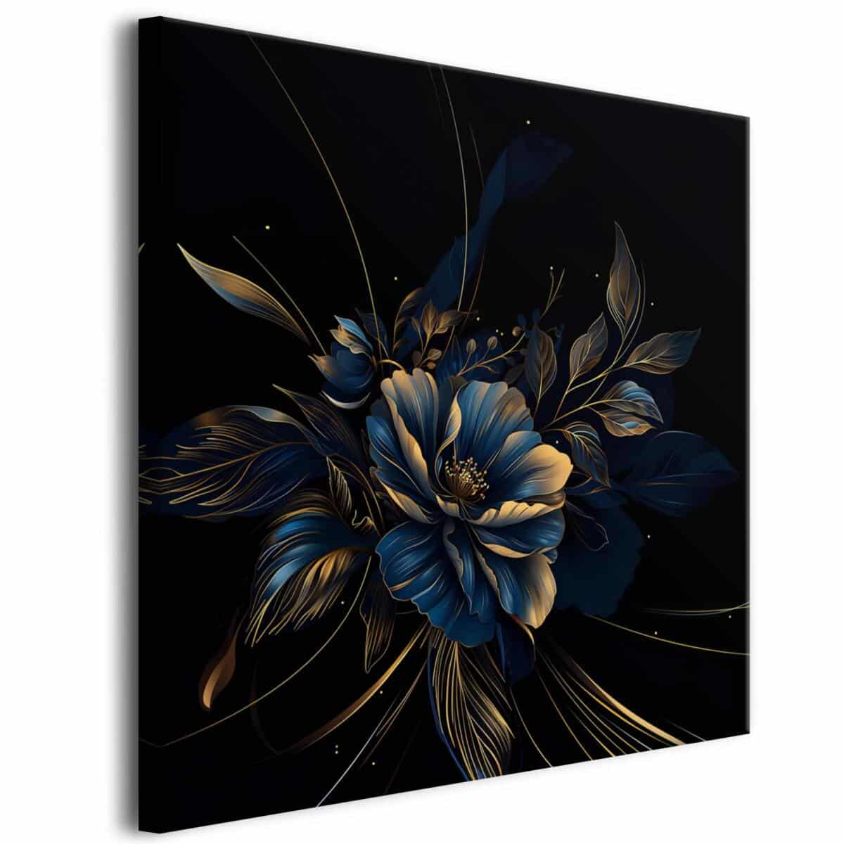 Elegancki obraz na płótnie: bukiet kwiatów na czarnym tle | Dekoracja ścienna glamour | Obraz Kwadrat, Złoto-Granat 68118