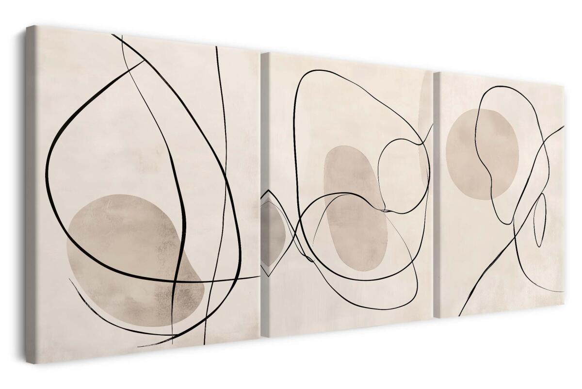 Abstrakcyjny Tryptyk na Ścianę – Czarne Linie i Beżowe Formy | Obrazy Line Art O94247 - zdjęcie 2