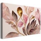 Subtelny Obraz na ścianę z różowymi kwiatami i złotymi liśćmi – dekoracja w stylu glamour 68216 - miniaturka 1