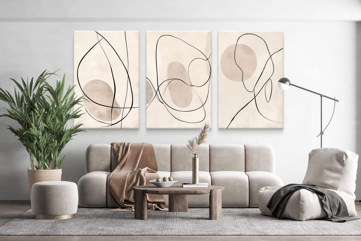Abstrakcyjny Tryptyk na Ścianę – Czarne Linie i Beżowe Formy | Obrazy Line Art O94247 - zdjęcie 5
