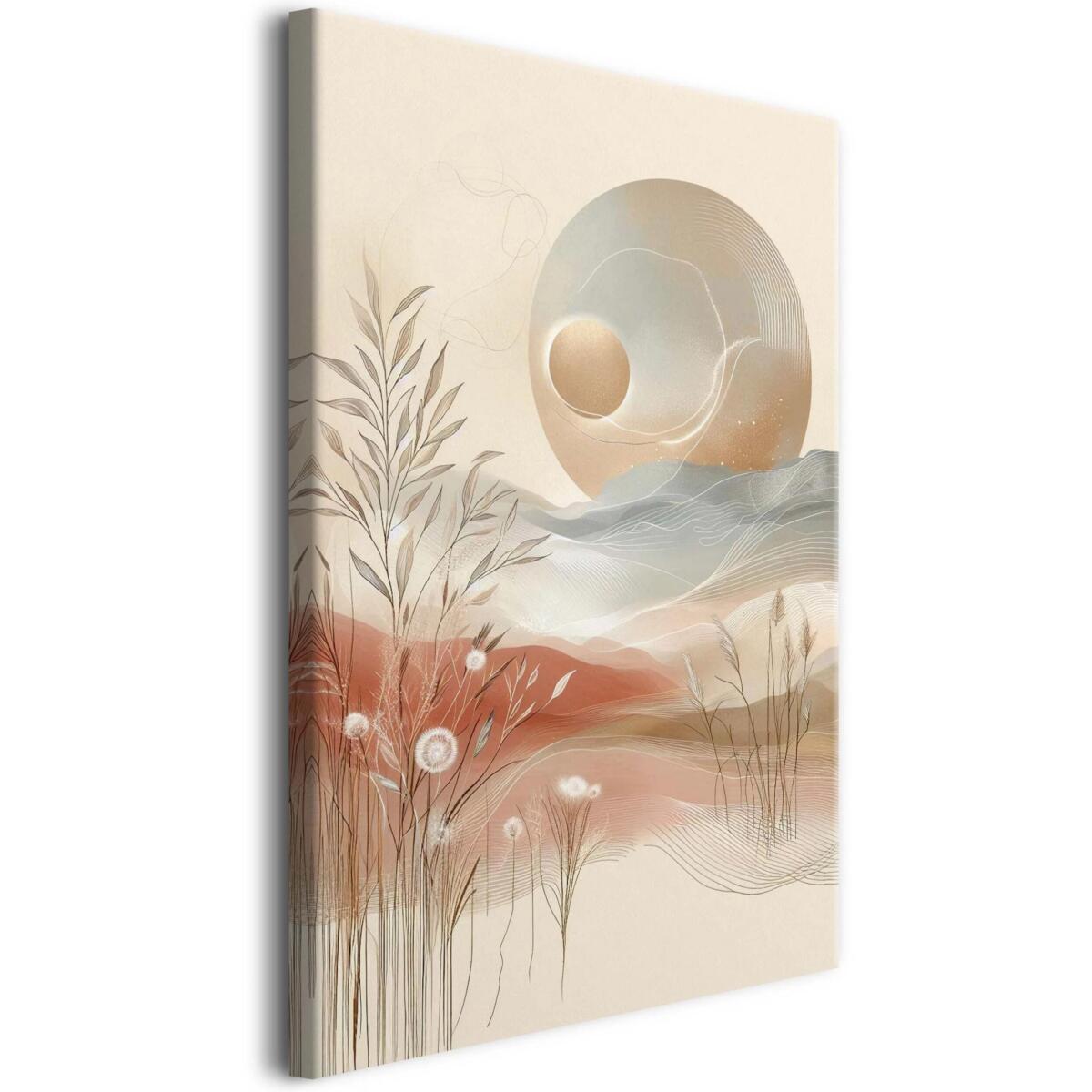 Obraz do salonu – pastelowy krajobraz z trawami i zachodem słońca | Harmonijna grafika w stylu japandi i soft boho 68205