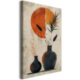 Stylowy obraz z pomarańczowym słońcem, twarz Line Art i rośliny | Dekoracja na płótnie 68203 - miniaturka 1
