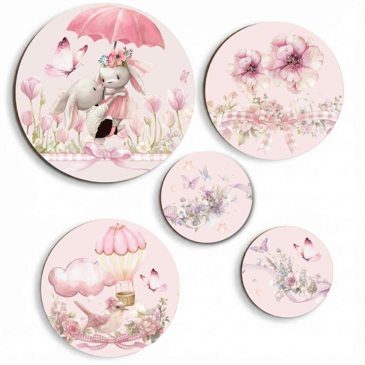 Zestaw 5 Okrągłych Obrazków- Różowe Króliczki i Kwiaty | Dekoracje do pokoju dziewczynki 42190 - zdjęcie 1