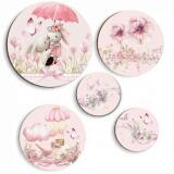 Zestaw 5 Okrągłych Obrazków- Różowe Króliczki i Kwiaty | Dekoracje do pokoju dziewczynki 42190 - miniaturka 1