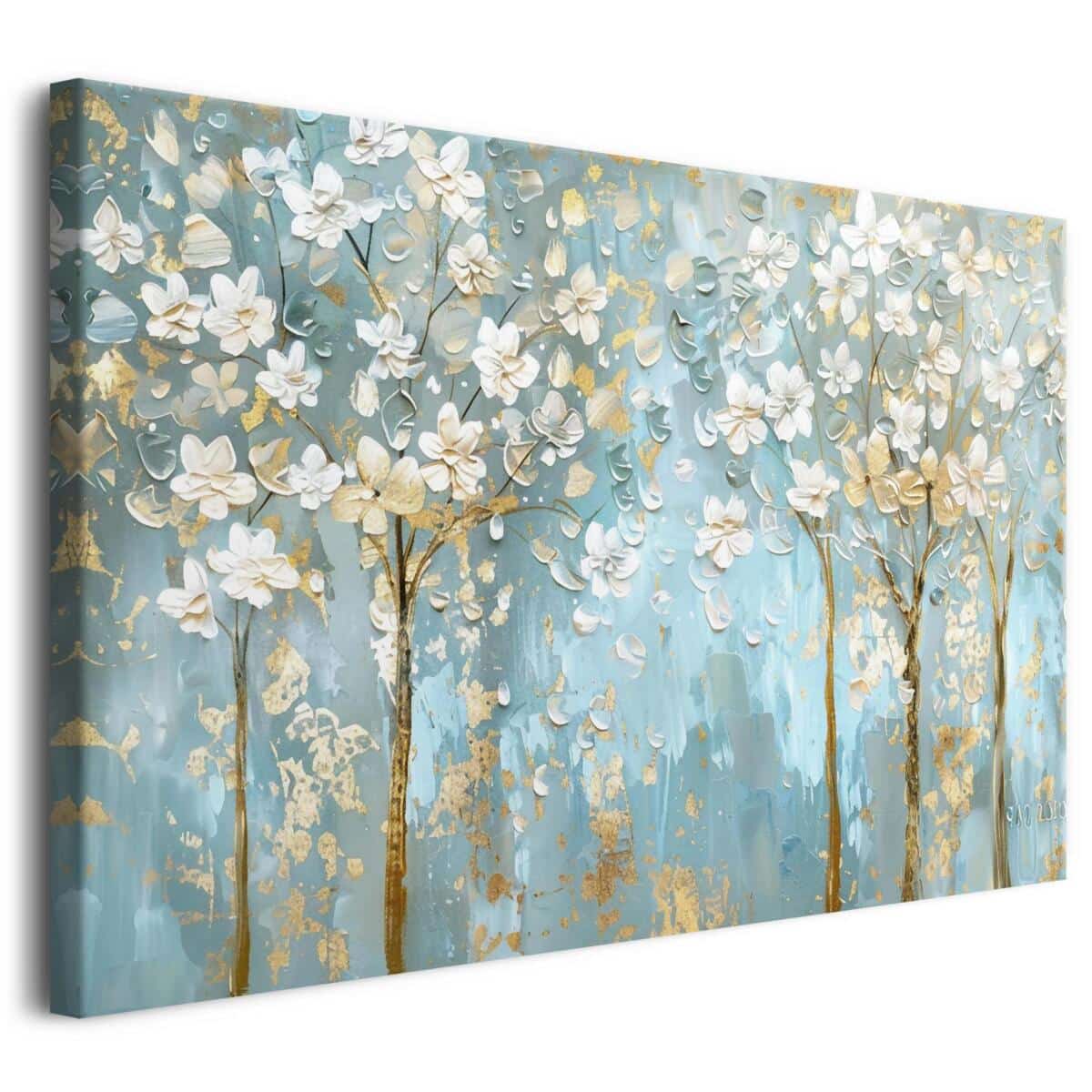 Nowoczesny Obraz na Płótnie- Kwitnące Drzewa | Elegancka dekoracja ścienna w odcieniach błękitu i złota | Obraz Las, Drzewa 68104