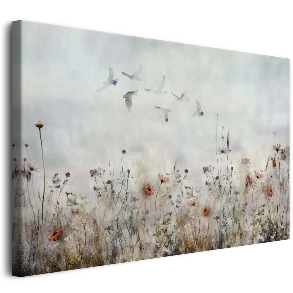 Obraz na płótnie Łąka kwietna | Polne Kwiaty i Ptaki - Romantyczna Dekoracja Ścienna, styl rustykalny, boho 20967