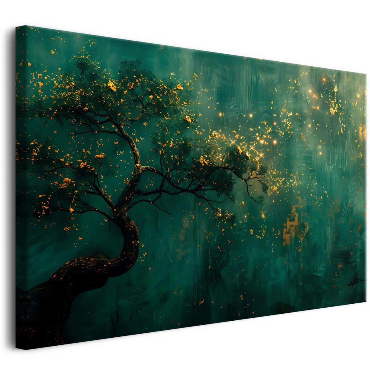 Obraz na płótnie - Drzewo w Złocie i Zieleni | Relaksacyjna Dekoracja - Drzewo w Stylu Zen | Minimalistyczny Obraz ze Złotymi Detalami 68105