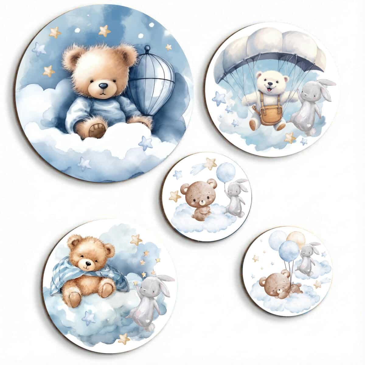 Okrągłe obrazy dla dzieci- Misie na chmurkach | Niebieskie obrazki do pokoju chłopca 42189 - zdjęcie 1