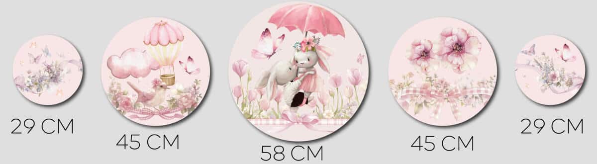 Zestaw 5 Okrągłych Obrazków- Różowe Króliczki i Kwiaty | Dekoracje do pokoju dziewczynki 42190 - zdjęcie 9